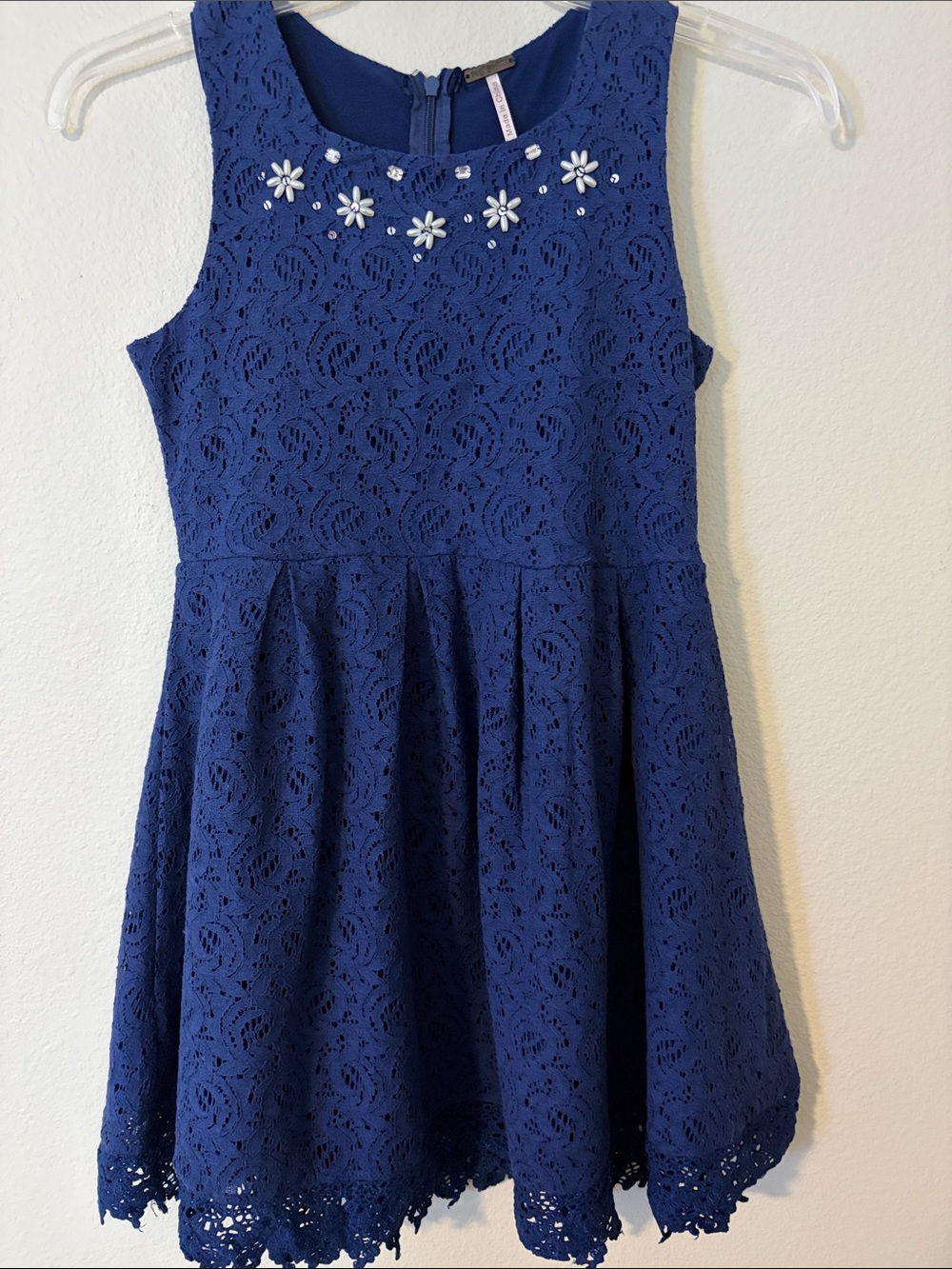 Girls Royal Blue Lace Party Dress with Embellished Neckline